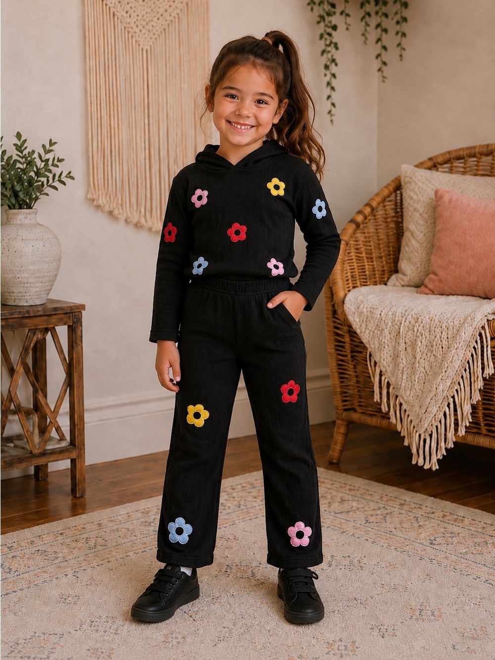 Girls‎ Cozy Black Floral Ribbed Hoodie & Pants Set Size 7Y NWOT